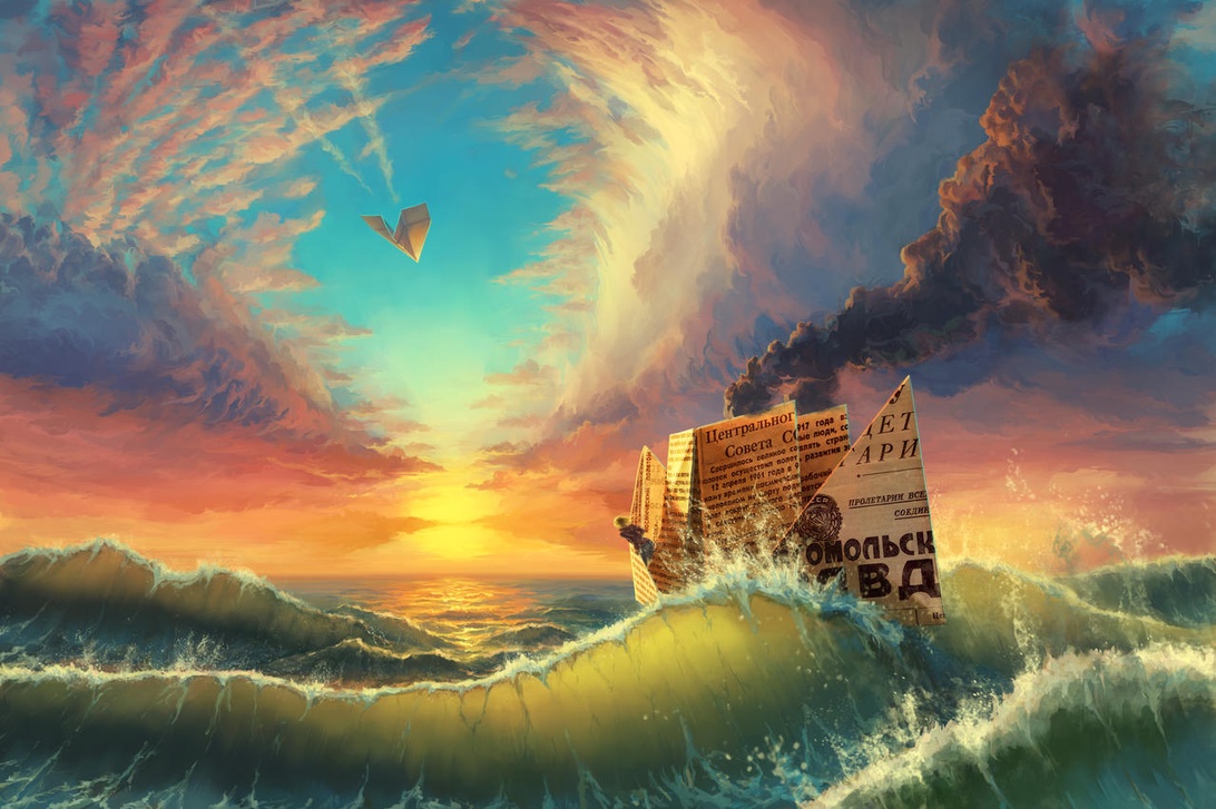 A digital painting of a paper boat made of newspaper on a turbulent sea at sunset.